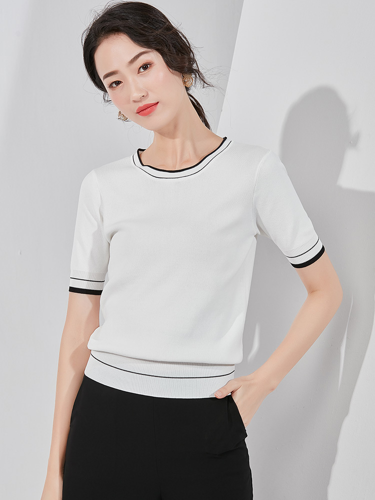 欧昵雪2020春夏短袖毛衣女套头薄款圆领百搭打底衫短款针织衫上衣